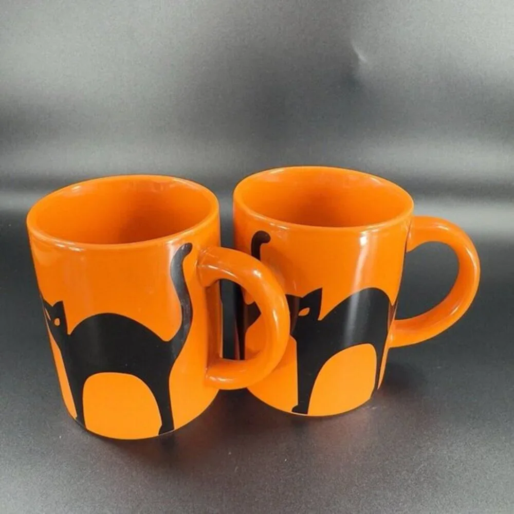 Crate & Barrel Orange Coffee Mug Cup Purple Black Halloween Cats Ceramic Set‎ 2